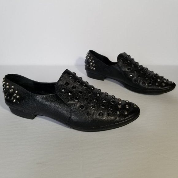 Miss Sixty Black Leather Studded Slip On Loafers - Picture 1 of 11